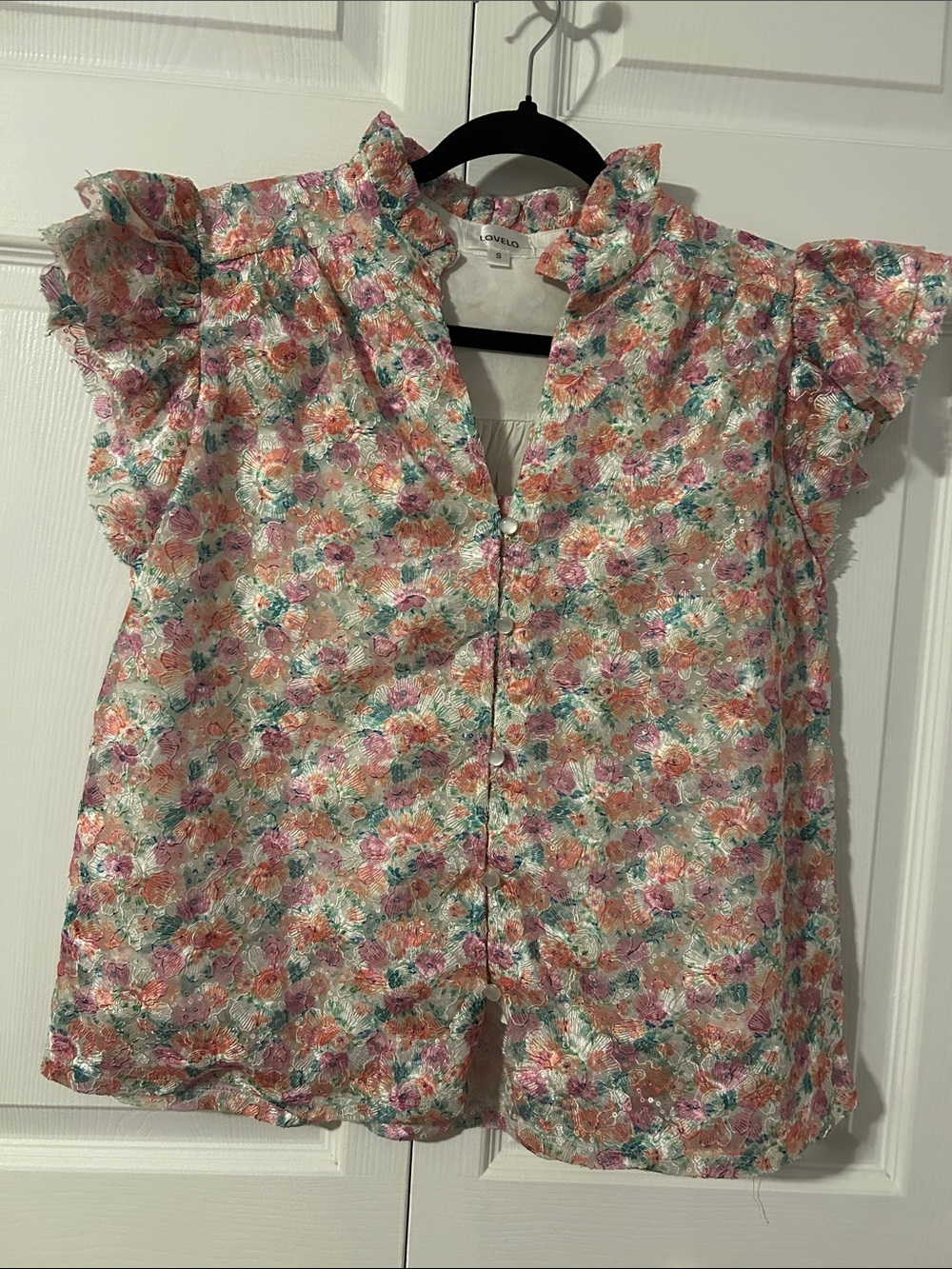 Woman’s S Floral Ruffle Sleeve Top - Pink & Green